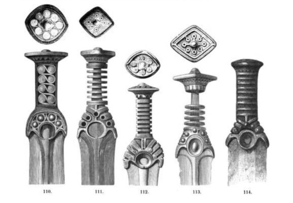 Teckning föreställande olika typer av bronssvärd.