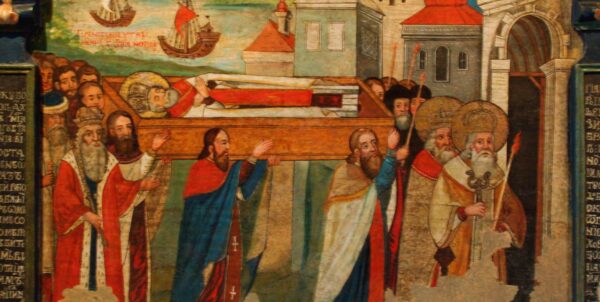 Målning om visar hur flera män bär en kista där Sankt Nikolaus ligger