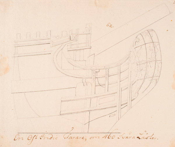 Tuschteckning föreställande galjon på en Ostindienfarare