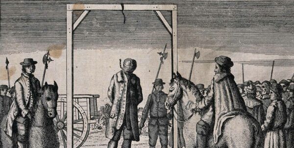 Etsning som visar en avrättning genom hängning då repet brister
