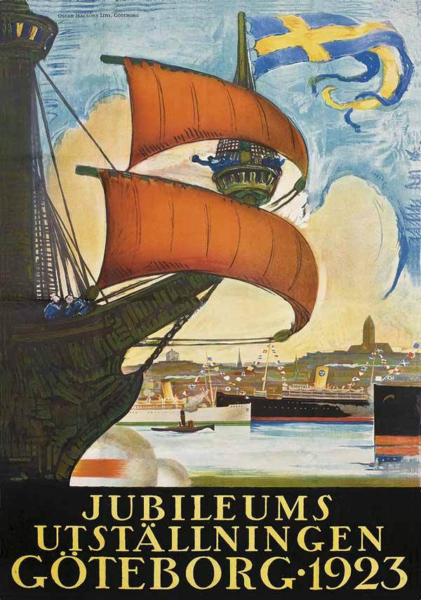 Affisch föreställande ett skepp med flera båtar och en stadssiluett i bakgrunden